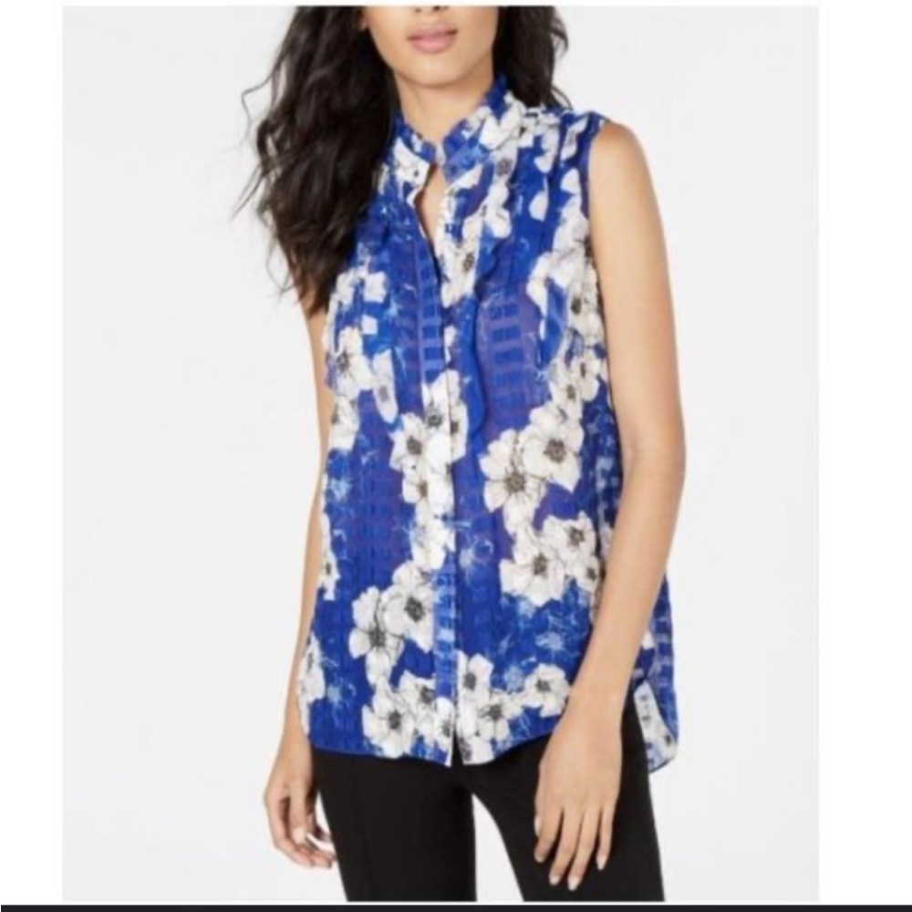 Elie Tahari Trixie Ruffle Blue and White Floral Textured Sleeveless Blouse